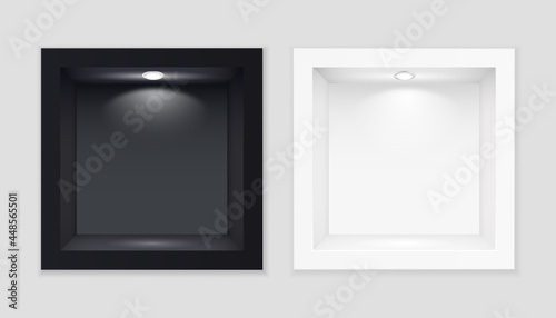 Black and white exhibition cubic showcases with illuminated template
