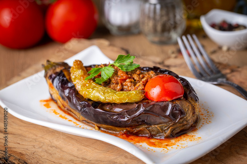 Traditional delicious Turkish food; Meat and Eggplant dish, (Turkish name; Karniyarik)