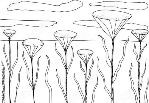 Doodle alien fantasy landscape coloring page for adults. Fantastic graphic artwork. Hand drawn simple illustration.