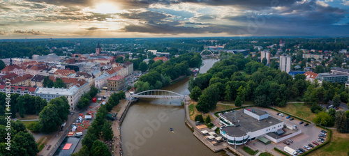 Cityscape of Tartu town in Estonia. Aerial view of the student city of Tartu. Summer evening view.