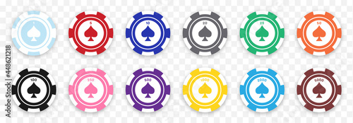 Poker chips color vector collection. Isolated Casino chip with dollar amount. Colorful Poker coins, tokens set. Poker gambling bet : 1 to 5000$. Vector illustration.