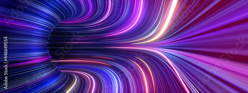 3d render, abstract panoramic background with tunnel turn. Bright purple pink neon rays and lines glowing in ultraviolet light