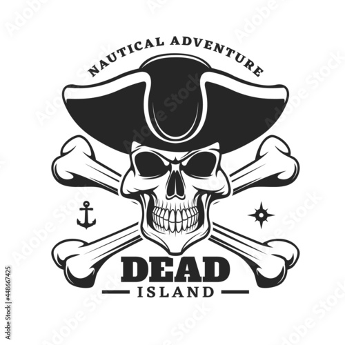 Pirate captain skull and crossed bones icon. Vector emblem with jolly roger in cocked hat. Filibusters skeleton head, anchor and wind rose monochrome isolated vintage label for nautical adventure club