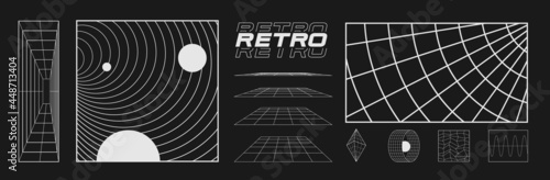 Set of retrofuturistic design elements, perspective grids, tunnel, RETRO title, polar grid, blackhole, bipyramide, circle portal in cyberpunk 80s style. Cyber retrowave. Vector