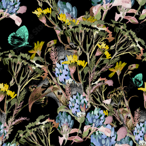 Wildflowers watercolor on black background seamless pattern for all prints.