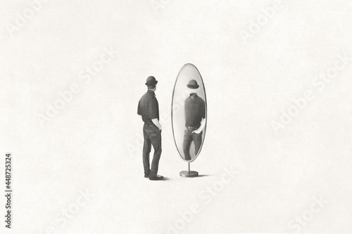 illustration of man looking at himself headless reflected in the mirror, surreal identity concept