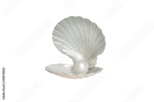 Pearl inside seashell isolated on white background