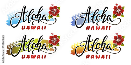 Set of aloha hawaii lettering inscriptions with red hibiscus flower.