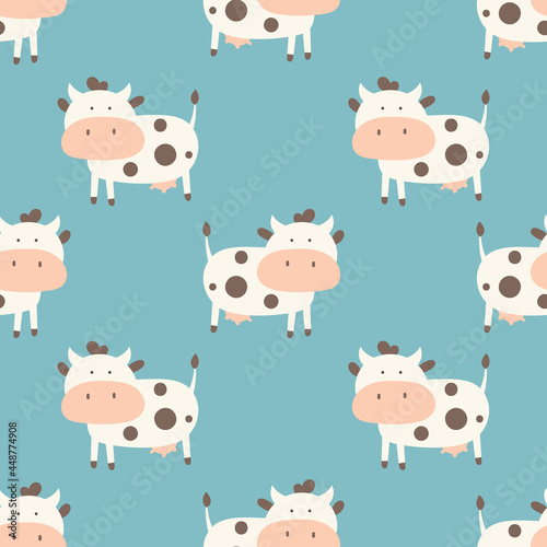 Vector farm animals patterns nursery art. Wallpaper design kids illustration. Cute cow on blue background.