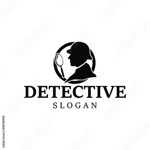 Detective silhouette design logo with magnifying glass