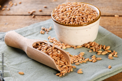 Wholegrain uncooked raw spelt farro in in bowl on the wooden background, food cereal background, close up