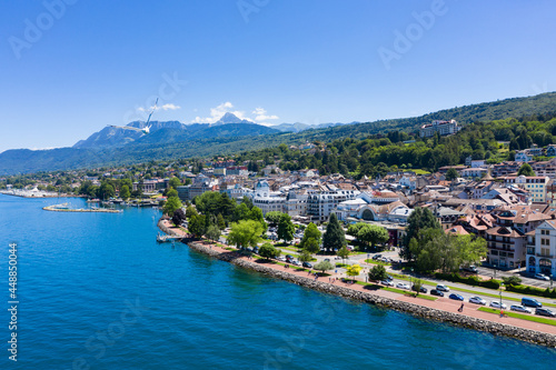 Aerial view of Evian (Evian-Les-Bains) city in Haute-Savoie in France