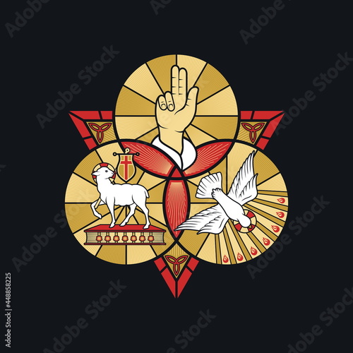 Christian illustration. The magnificent seal of the Holy Trinity: God the Father, God the Son and God the Holy Spirit. Indication of the symbols of the eternity of God - alpha and omega.