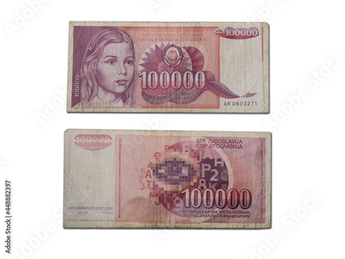 Closeup shot of late Yugoslavian dinar banknote of 100000 dinars