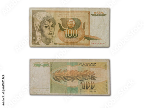 Closeup shot of late Yugoslavian dinar banknote of 100 dinars