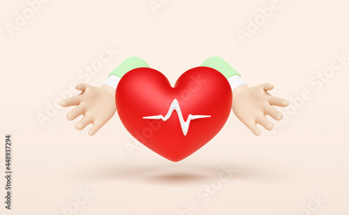 cartoon doctor two hands holding red heart and blood pressure heart rate isolated on pink background ,health love or world heart day concept, 3d illustration or 3d render