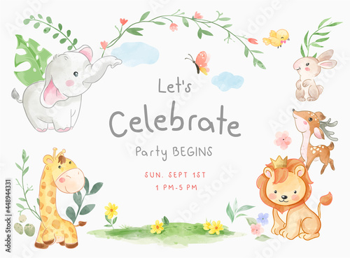 celebrate party card template with cute animals illustration