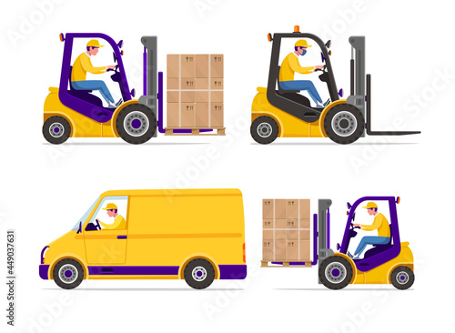 Vector forklift truck loader with driving man and stuck of boxes with goods on pallete. Electric forklift loading boxes in delivery van. Warehouse equipment on white background