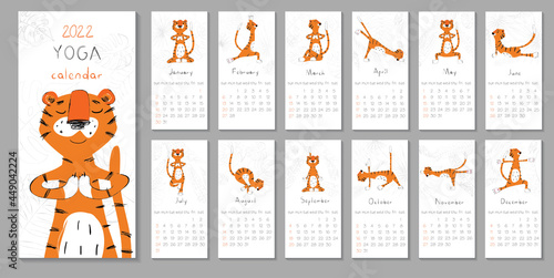 Cute printable template with tiger doing yoga. 2022 trendy calendar design. Set of 12 months. Week starts on Sunday.Editable calender page template A4, A3 format. 12 yoga poses. Vertical