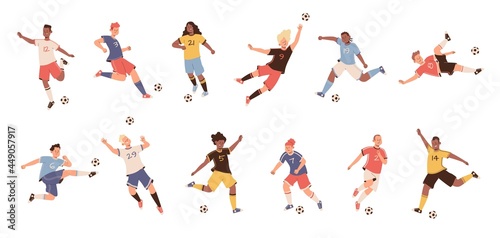 Soccer players. Dynamic football athletes poses jumping running and kicking, players differently kickball their foot, football teams uniforms vector flat cartoon isolated set