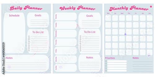 Modern collection of daily weekly monthly planner printable template with retro pink ellements and blue background. Collection of note paper, to do list, stickers. Blank white notebook page A4