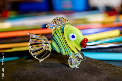 Figurine of a colorful fish made from Murano glass. Handmade Venetian style fine art. Close up.