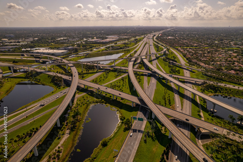 Aerial photo of a highway interchange with passover HOV lanes Sunrise Florida USA 595 I75 express