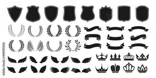 Heraldry vintage badge icon set. Blazon different crown shield, ribbon, wing and laurel wreath for coat of arms. Various decorative royal knight shields or emblems vector