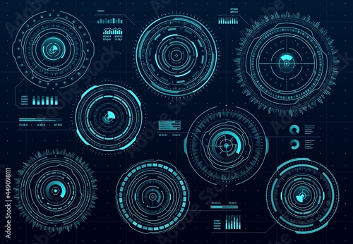 Circle futuristic HUD digital interface, data screen dashboard, vector round frames and borders. HUD aim controls and digital gauges, target aim and hologram frames, user data UI display buttons