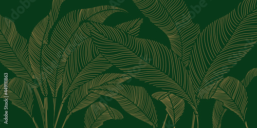 Luxury nature gold leaves line art background vector. Floral pattern, Golden tropical plant hand drown line art. Natural green and dark wallpaper. Vector illustration.