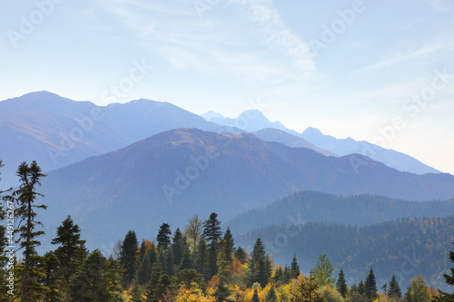 Mountain range in the blue haze of an autumn morning