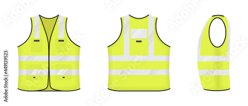 Safety reflective vest icon sign flat style design vector illustration set. Yellow fluorescent security safety work jacket with reflective stripes. Front, side and back view road uniform vest.