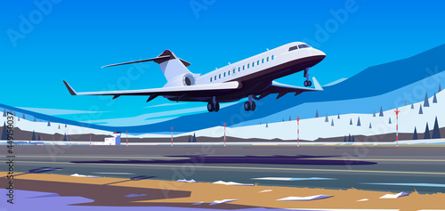 Perfect vector Illustration on the theme of travel by airplane, private airlines, transportation. The plane takes off. The mountains airport.