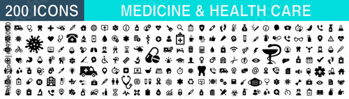 Medecine and health icon symbols. Set 207 Medical care icon. Pills, doctor, intensive care, COVID 19, hospital, ambulance, virus icons - stock vector.