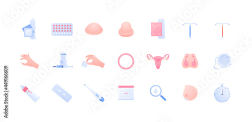Contraception method concept. Vector flat color icon illustration set. Collection of icons of different contraceptive methods. Birth control and pregnancy prevention. Design for health care.