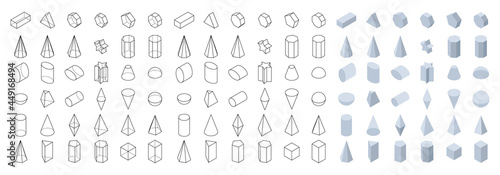 Set of 3d basic geometric shapes. Isometric view. Objects for school, geometry and mathematics. Isolated vector illustration on white background.