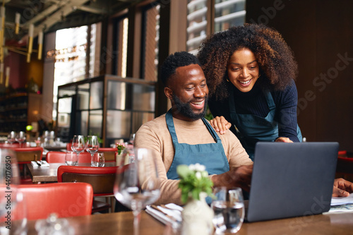 Small business owners using laptop in restaurant