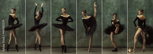 Composite image of one beautiful ballerina in black stage costume, tutu dancing isolated on dark vintage background. Concept of art, theater, beauty and creativity