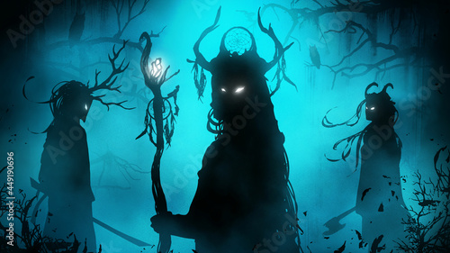 A black silhouette of a sinister trio of shamans in the middle of a foggy swampy forest, their eyes mysteriously glow in the dark, they are dressed in ethnic clothes with masks and horns. 2d art