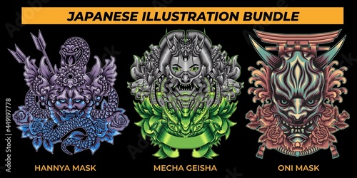 Japanese illustration bundle of oni mask, geisha, hannya mask isolated vector illustration