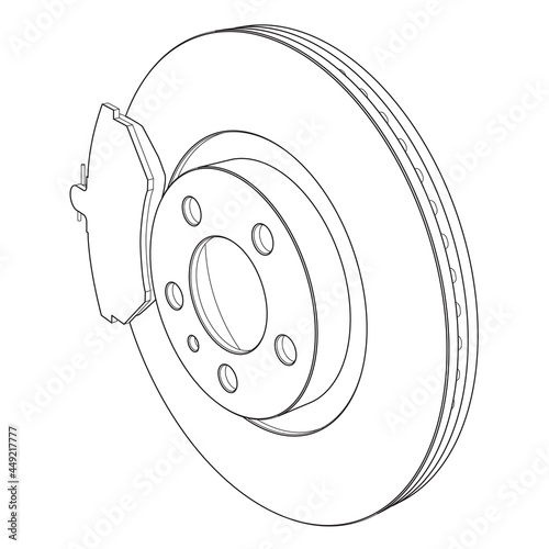 Vector disk brake with break pads line art isolated on white