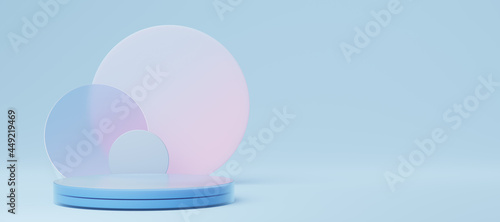 Empty glass cylinder podium with pink blue translucent round glass, copy space background. Abstract geometric. Pedestal pastel minimal showcase mockup. stage for display of product design. 3d render.