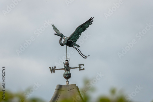 iron weathervane in the shape of a stork with a blurred background an instrument used for showing the direction of the wind