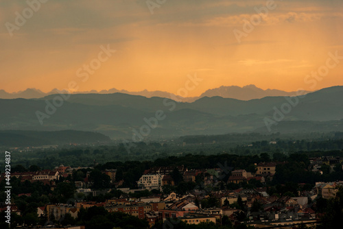 sunset over the city with the Tatra Mountains line