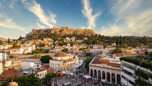 aerial panoramic view of Monastiraki square and the Acropolis at sunset in Athens Greece