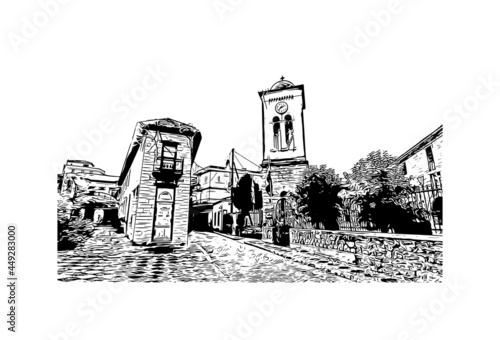Building view with landmark of Ioannina is the city in Greece. Hand drawn sketch illustration in vector.