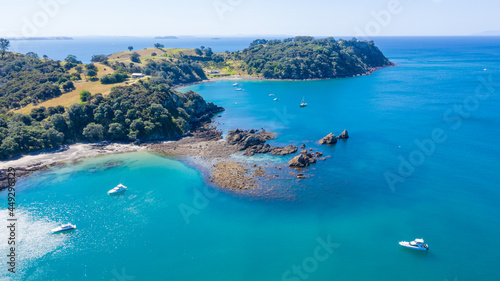 Aerial View from Ocean, Beach, Green Trees and Mountains in Waiheke Island, New Zealand - Auckland Area