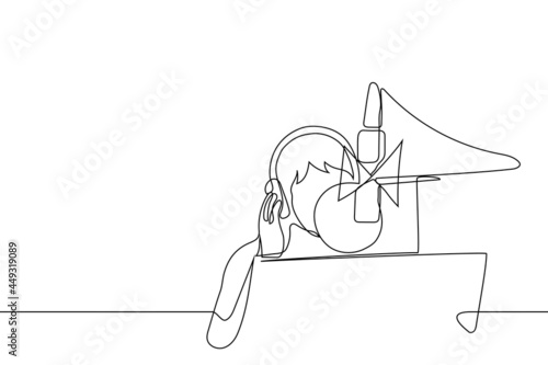 man is standing with headphones in a recording studio during the recording process - one line drawing. male singer records the track, announcer reads the text, dubbing actor in progress