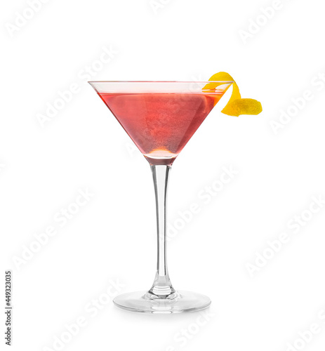 Glass of tasty cosmopolitan cocktail on white background