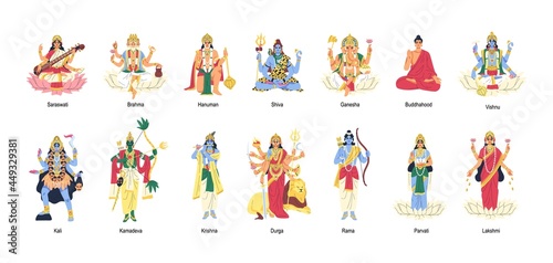 Set of ancient Indian Hindu gods and goddesses. Different idols of Hinduism. Deities and lords in India. Holy traditional characters of Asia. Flat vector illustration isolated on white background